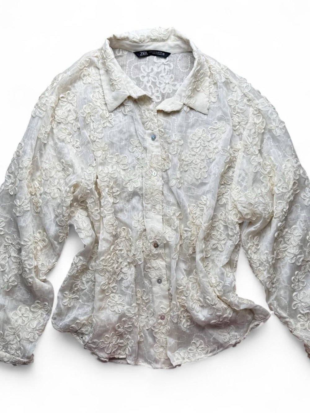 Zara Cream Floral Appliqué Sheer Blouse XL